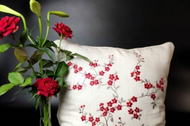 Cushion cover - red string peach blossom embroidery